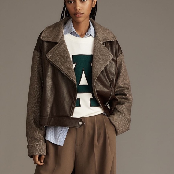By Anthropologie Vegan Leather Twill Mixed Media Cocoon Moto Jacket S - Picture 2 of 12